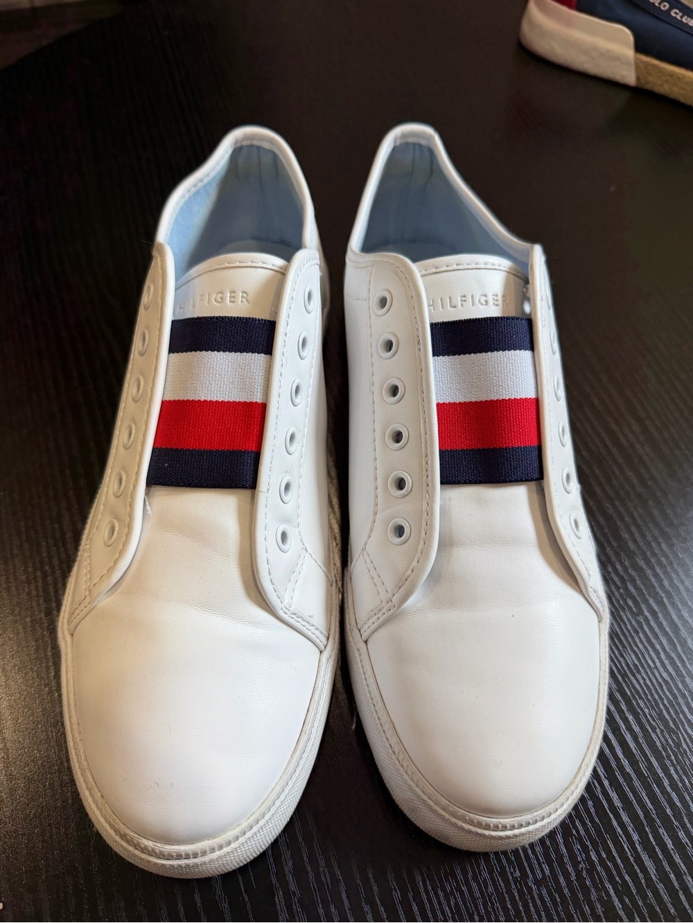 Tommy Hilfiger White Leather Slip-On Sneakers with Red & Navy Stripe